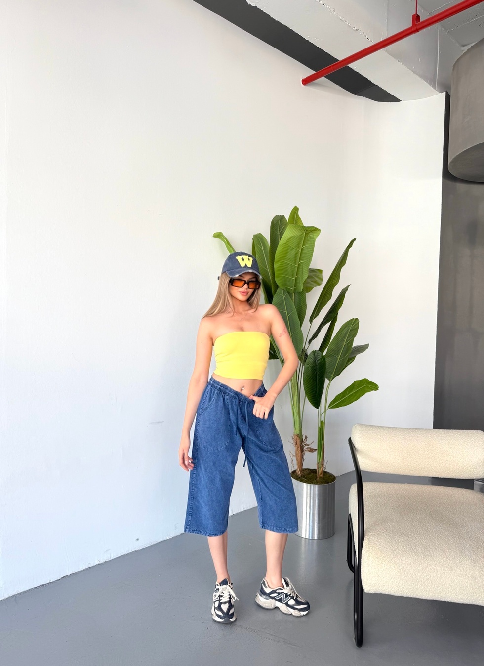 Kadın Yüksek Bel Keten Görünümlü %100 Pamuk Kapri