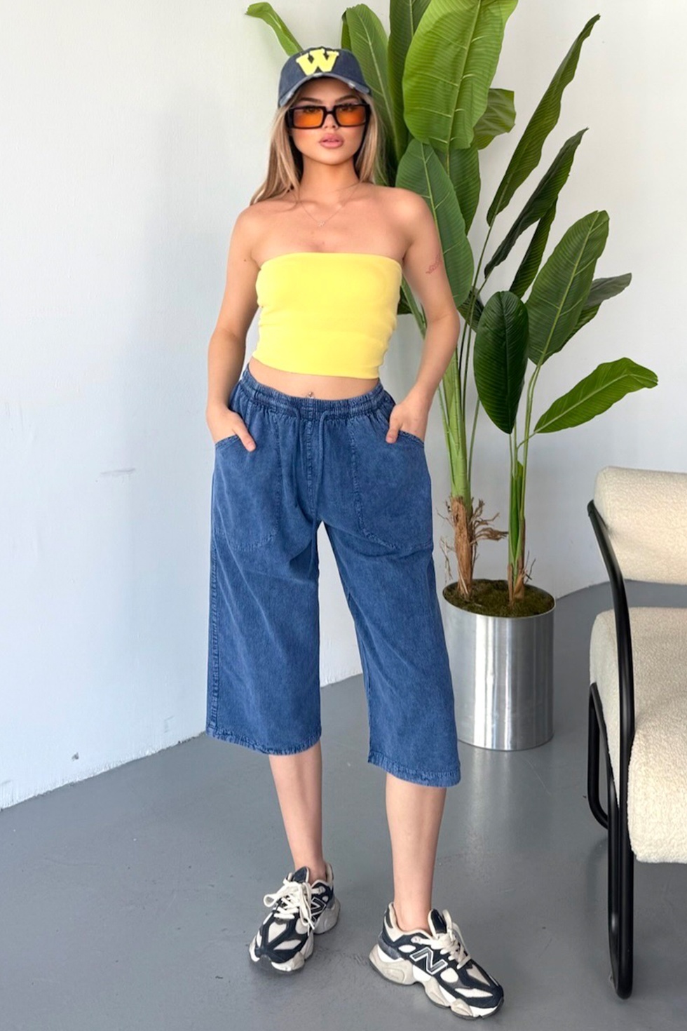 Kadın Yüksek Bel Keten Görünümlü %100 Pamuk Kapri