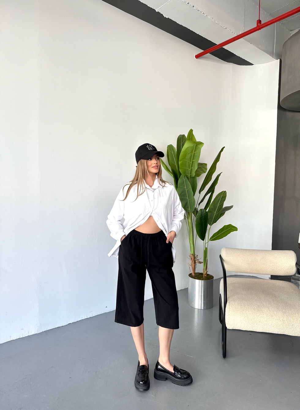 Kadın Yüksek Bel Keten Görünümlü %100 Pamuk Kapri