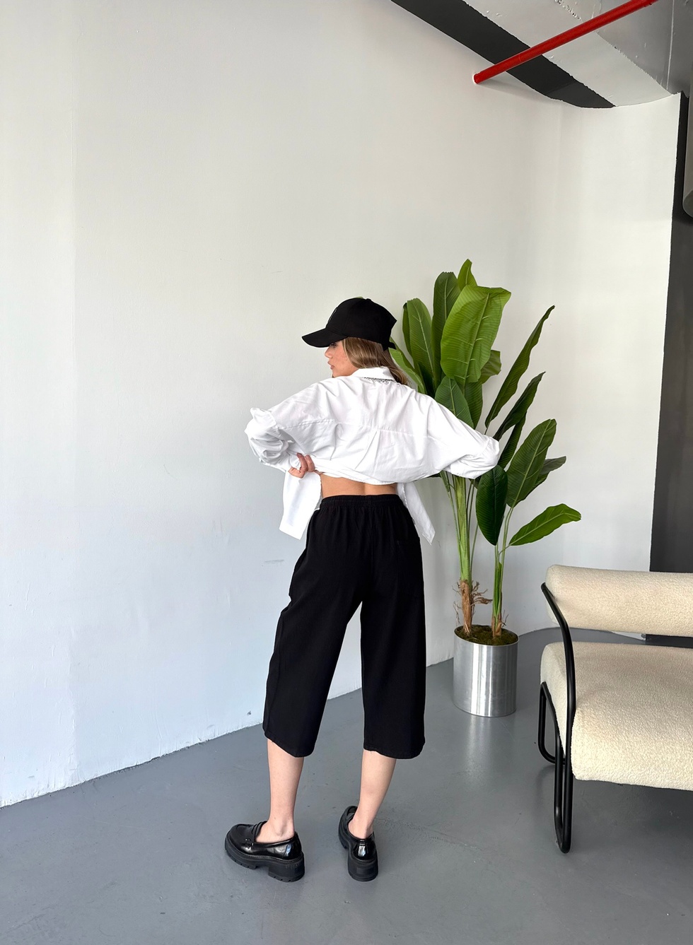 Kadın Yüksek Bel Keten Görünümlü %100 Pamuk Kapri