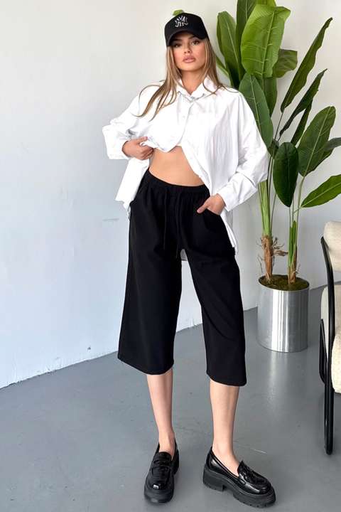 Siyah Kadın Yüksek Bel Keten Görünümlü %100 Pamuk Kapri W204