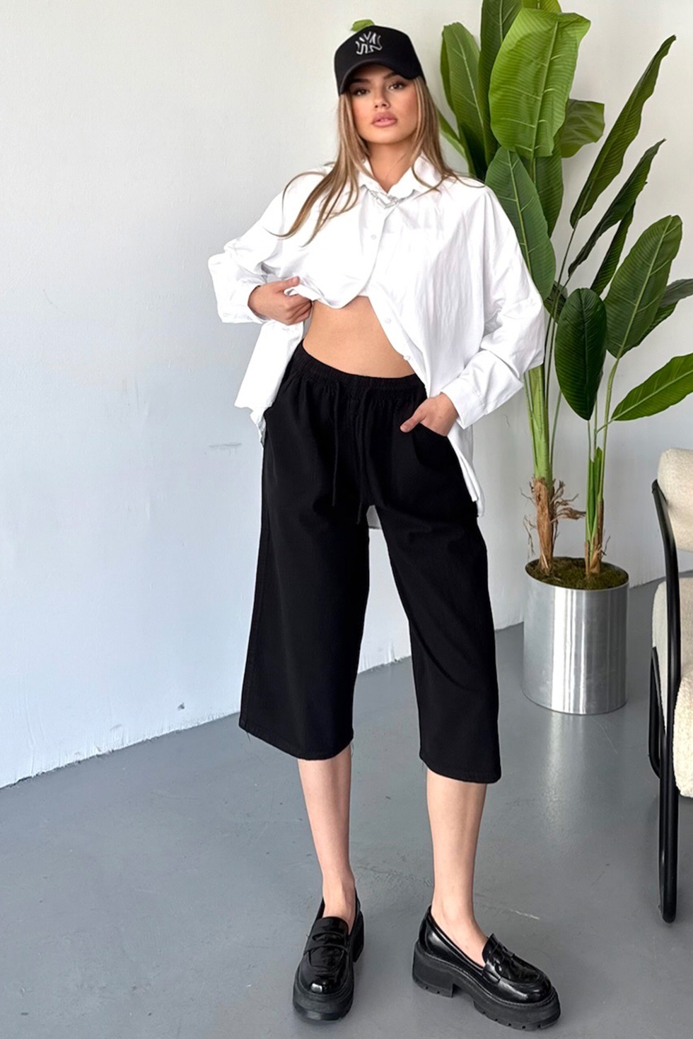 Kadın Yüksek Bel Keten Görünümlü %100 Pamuk Kapri