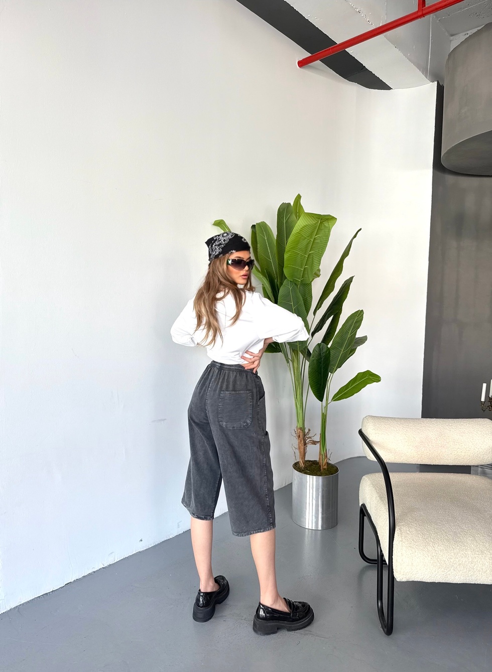 Kadın Yüksek Bel Keten Görünümlü %100 Pamuk Kapri