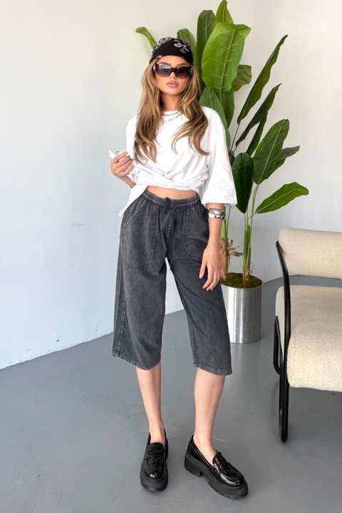 Kot Siyah Kadın Yüksek Bel Keten Görünümlü %100 Pamuk Kapri W204