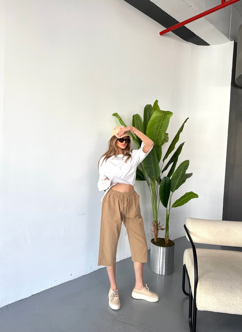 Kadın Yüksek Bel Keten Görünümlü %100 Pamuk Kapri