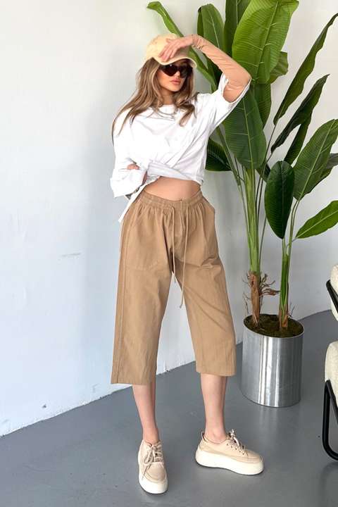 Toprak Kadın Yüksek Bel Keten Görünümlü %100 Pamuk Kapri W204