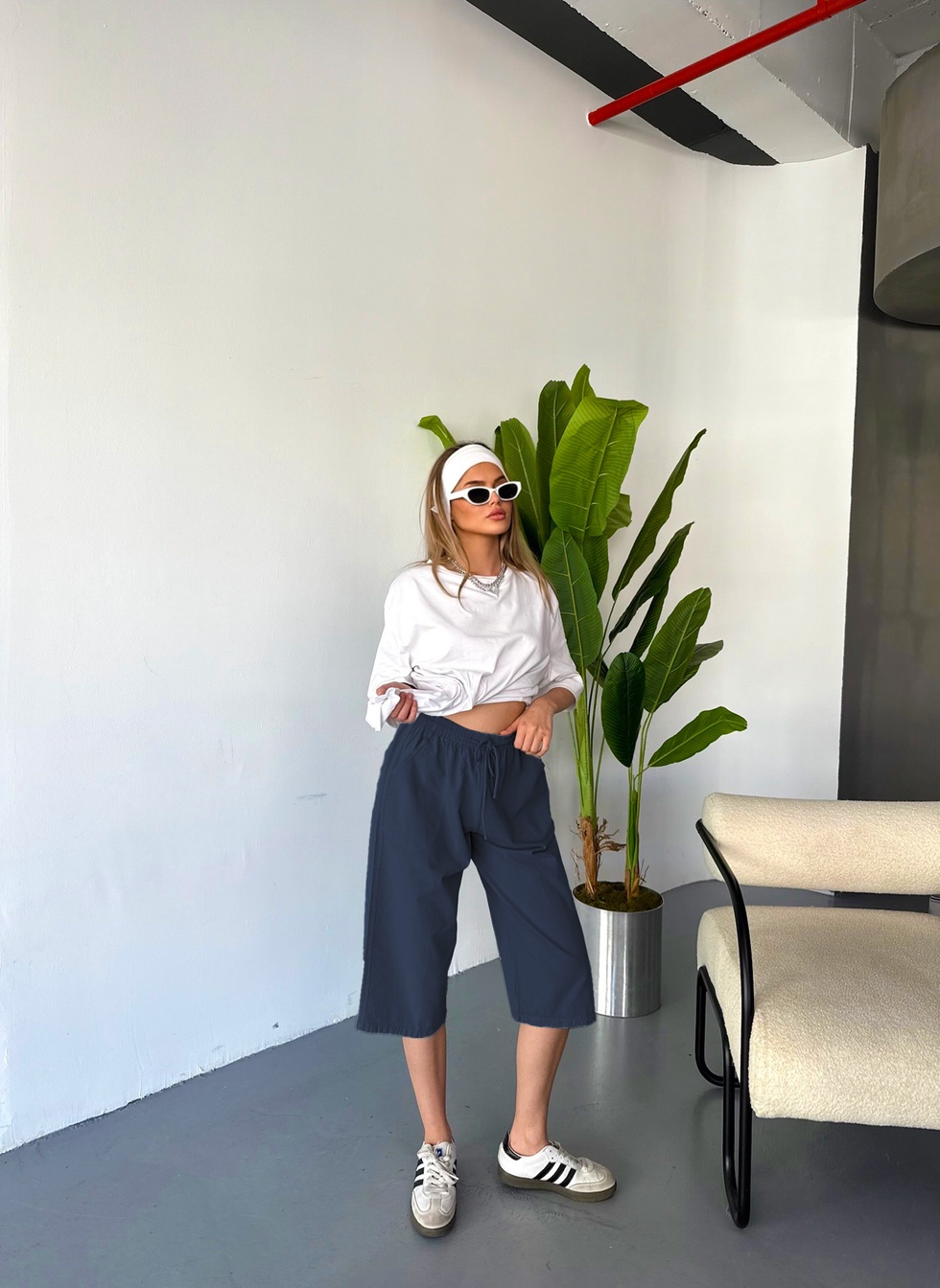 Kadın Yüksek Bel Keten Görünümlü %100 Pamuk Kapri