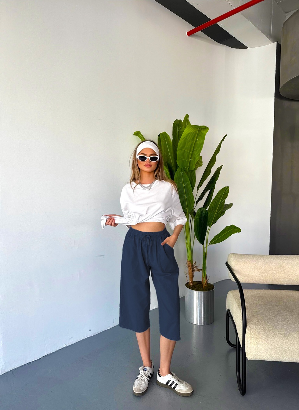 Kadın Yüksek Bel Keten Görünümlü %100 Pamuk Kapri