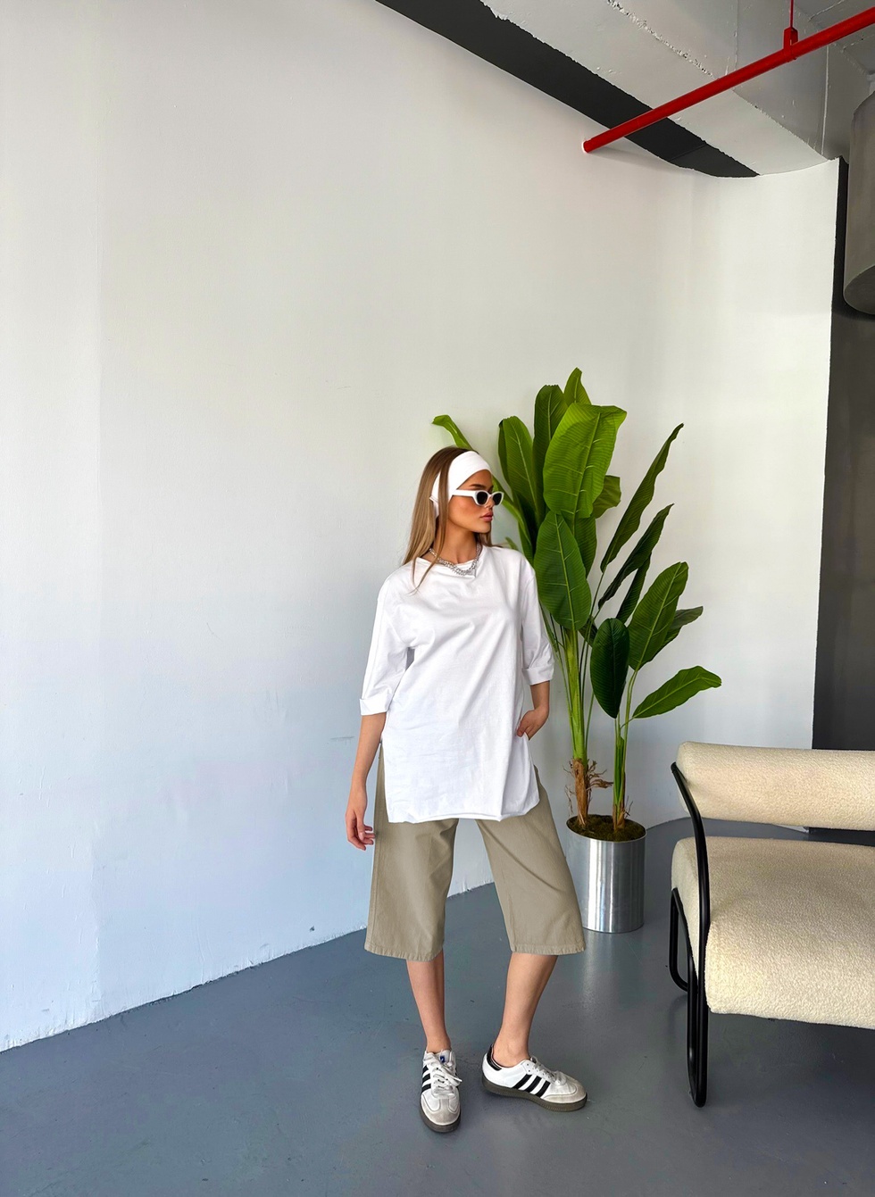 Kadın Yüksek Bel Keten Görünümlü %100 Pamuk Kapri