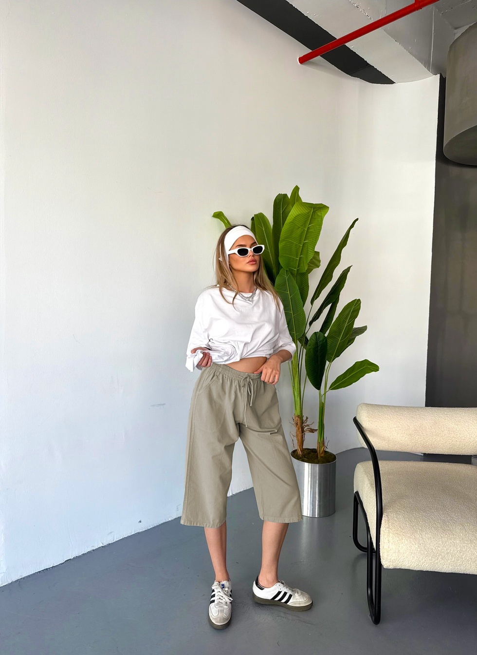 Kadın Yüksek Bel Keten Görünümlü %100 Pamuk Kapri