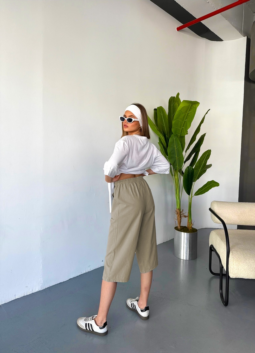 Kadın Yüksek Bel Keten Görünümlü %100 Pamuk Kapri