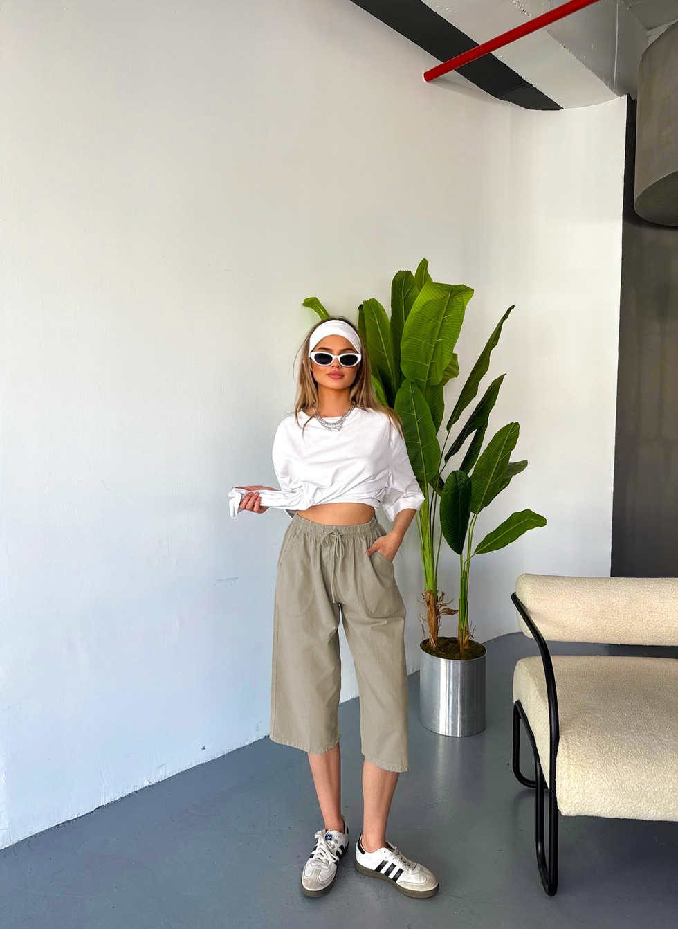 Kadın Yüksek Bel Keten Görünümlü %100 Pamuk Kapri