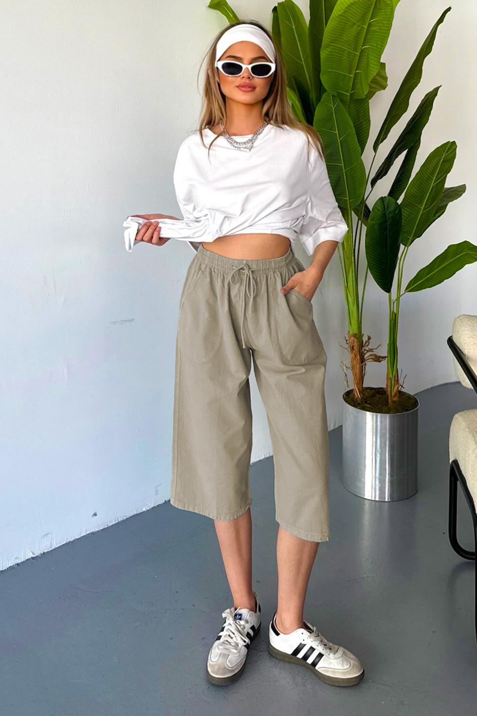 Kadın Yüksek Bel Keten Görünümlü %100 Pamuk Kapri