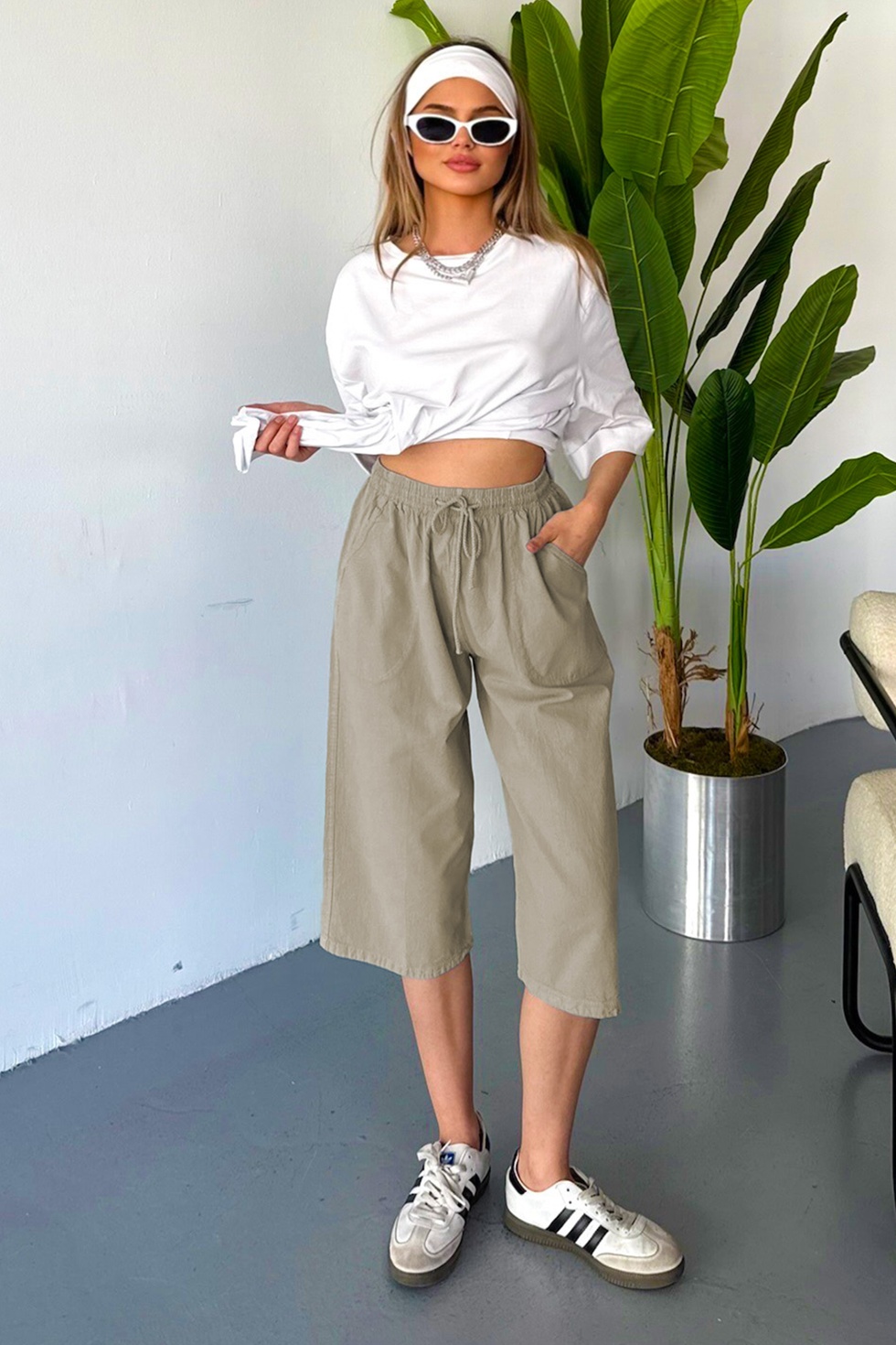 Kadın Yüksek Bel Keten Görünümlü %100 Pamuk Kapri