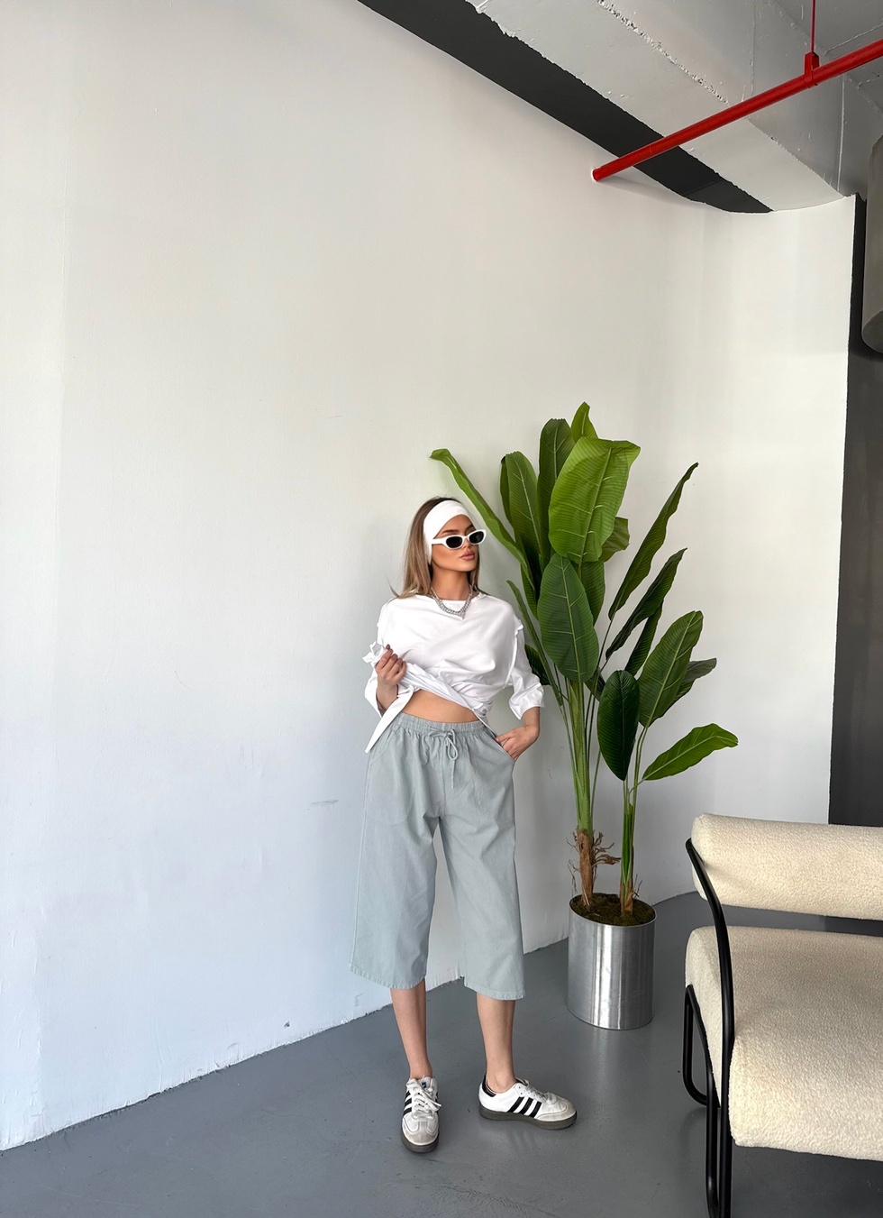 Kadın Yüksek Bel Keten Görünümlü %100 Pamuk Kapri