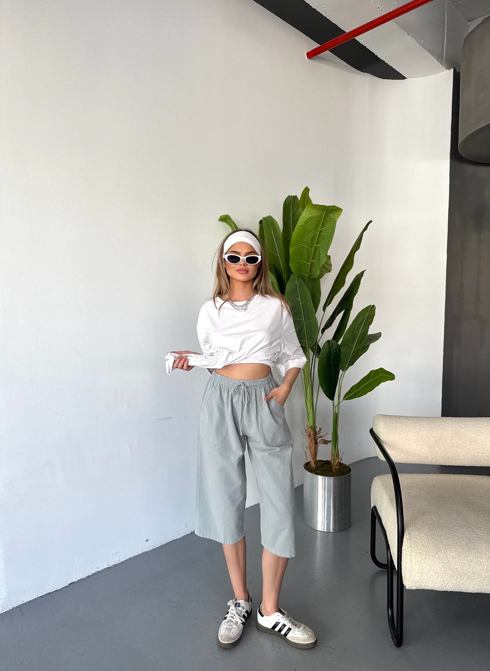Kadın Yüksek Bel Keten Görünümlü %100 Pamuk Kapri