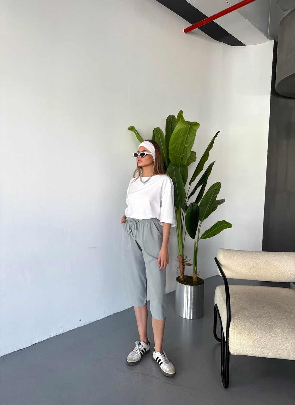 Kadın Yüksek Bel Keten Görünümlü %100 Pamuk Kapri