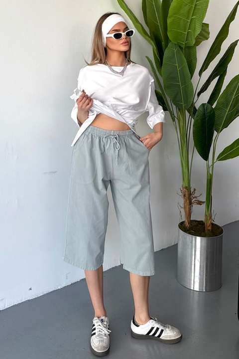 Açık Gri Kadın Yüksek Bel Keten Görünümlü %100 Pamuk Kapri W204