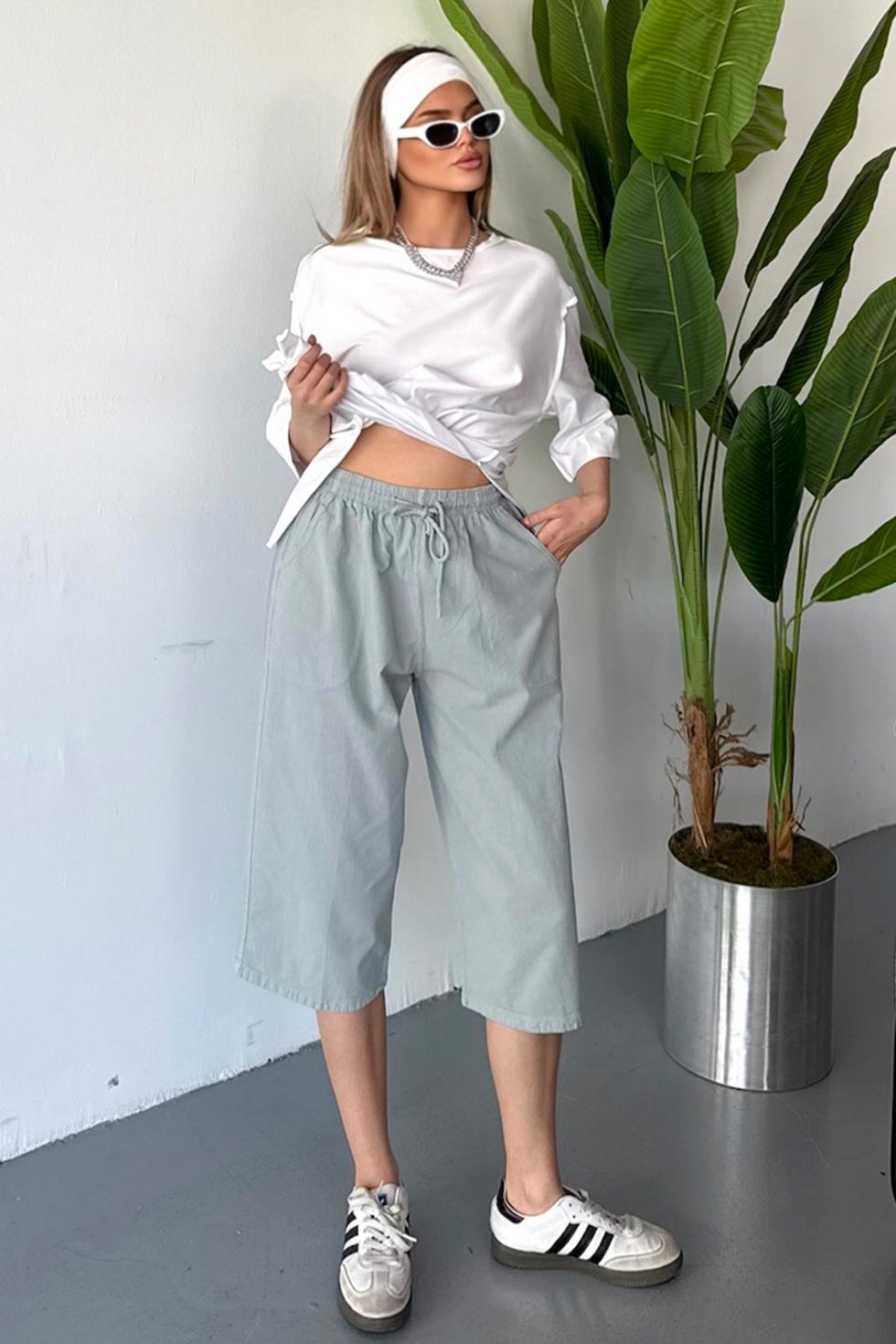 Kadın Yüksek Bel Keten Görünümlü %100 Pamuk Kapri