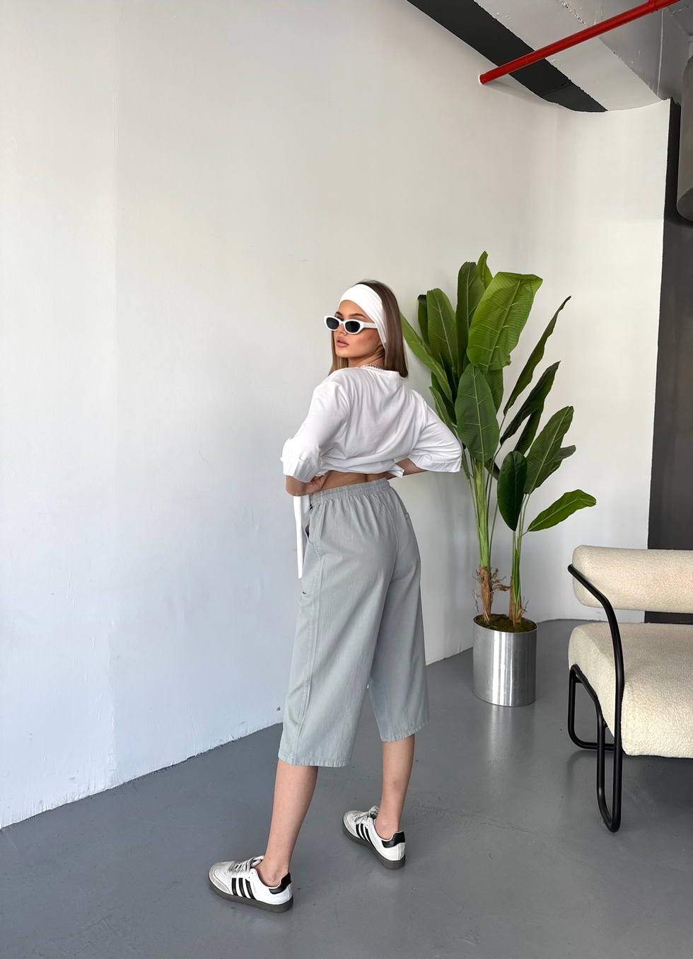 Kadın Yüksek Bel Keten Görünümlü %100 Pamuk Kapri