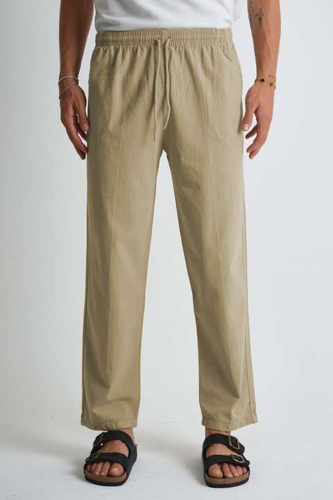 Bej Erkek Yazlık Rahat Kalıp %100 Pamuk Keten Görünümlü Pantolon E205