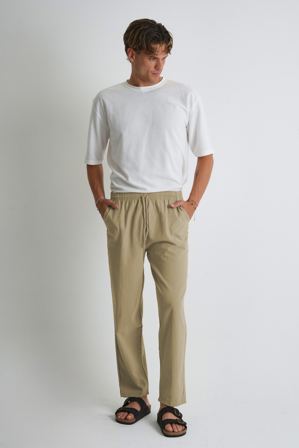 Erkek Yazlık Rahat Kalıp %100 Pamuk Keten Görünümlü Pantolon