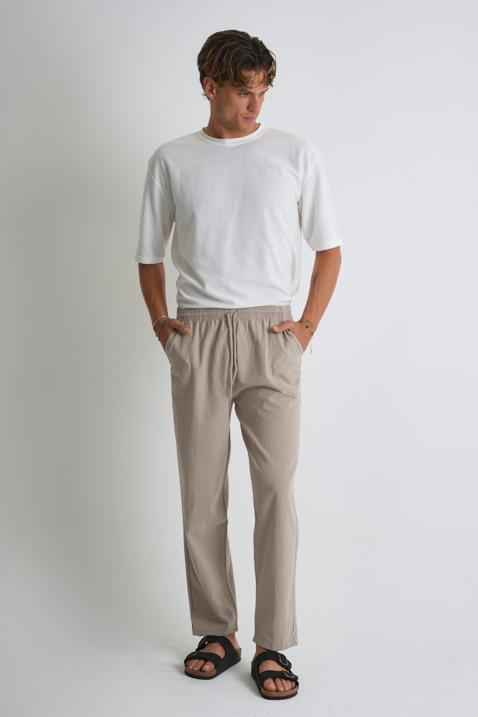 Erkek Yazlık Rahat Kalıp %100 Pamuk Keten Görünümlü Pantolon