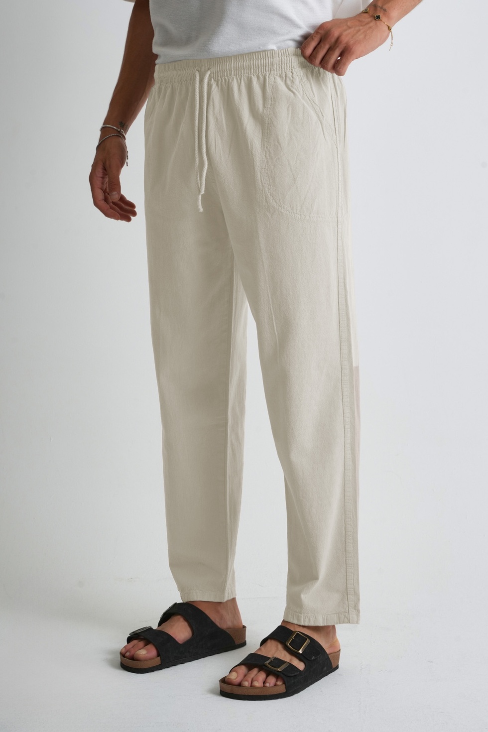 Erkek Yazlık Rahat Kalıp %100 Pamuk Keten Görünümlü Pantolon