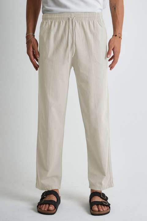 Ekru Erkek Yazlık Rahat Kalıp %100 Pamuk Keten Görünümlü Pantolon E205