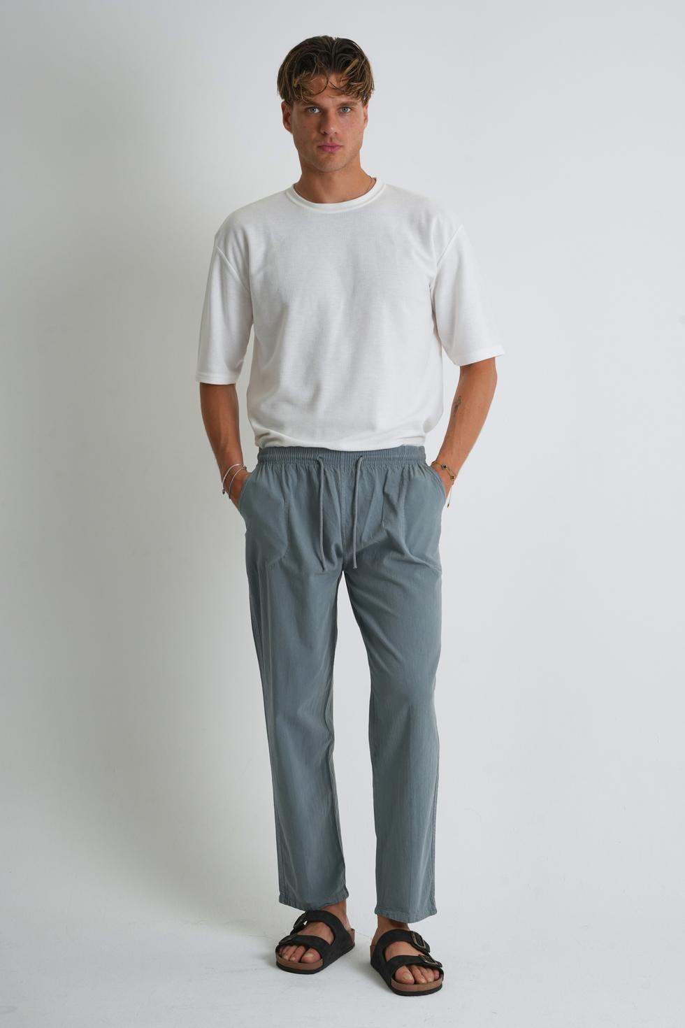 Erkek Yazlık Rahat Kalıp %100 Pamuk Keten Görünümlü Pantolon