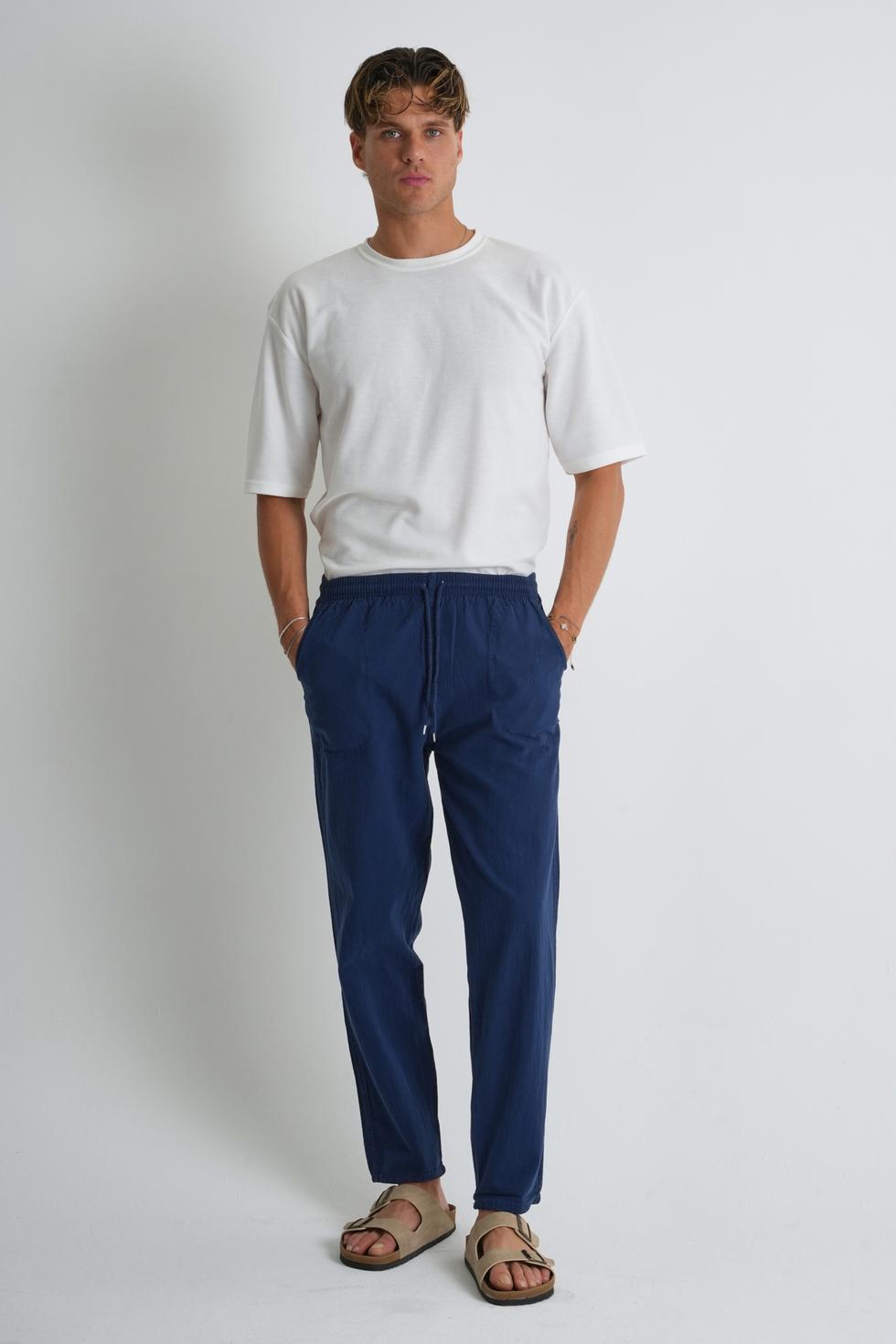 Erkek Yazlık Rahat Kalıp %100 Pamuk Keten Görünümlü Pantolon