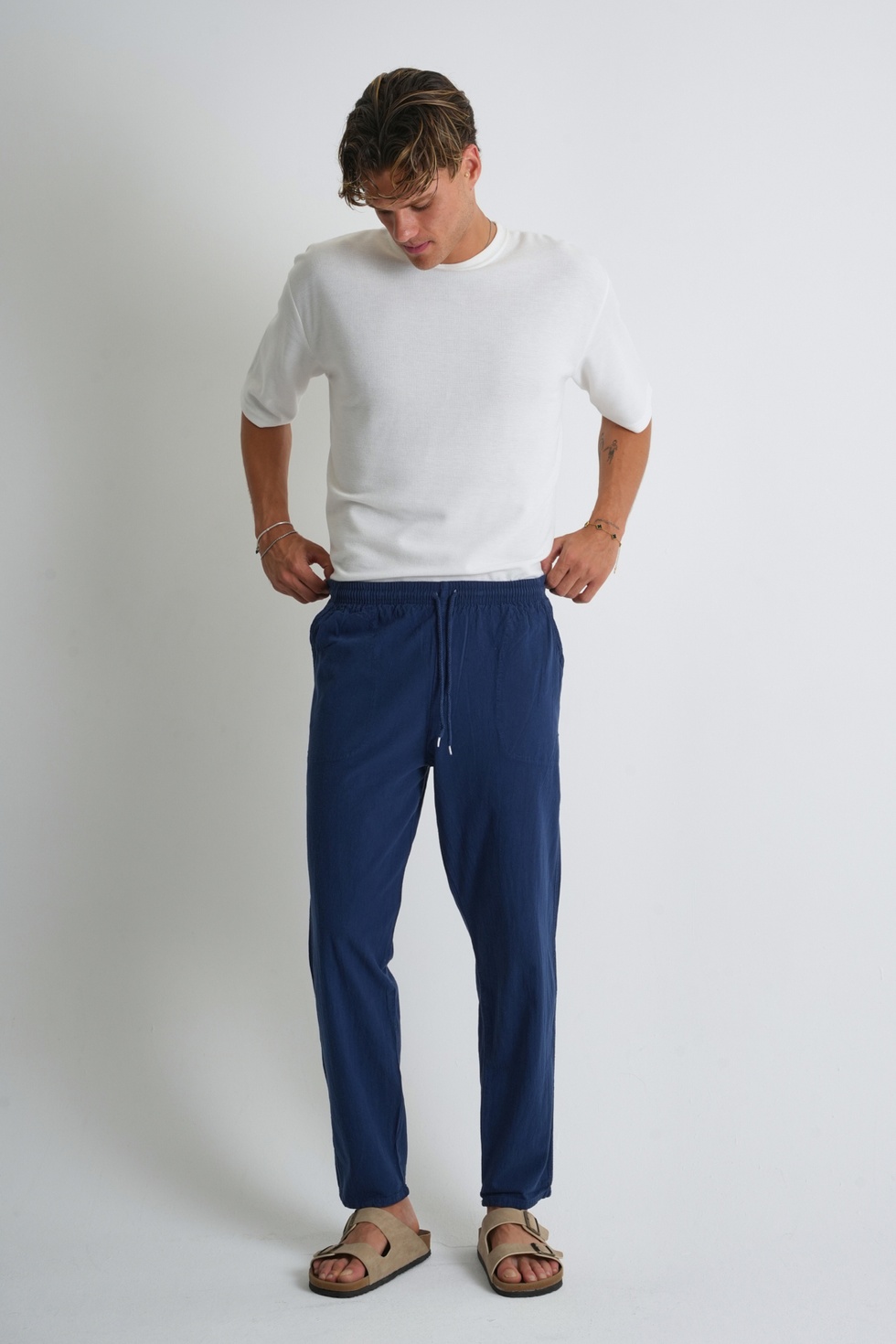 Erkek Yazlık Rahat Kalıp %100 Pamuk Keten Görünümlü Pantolon