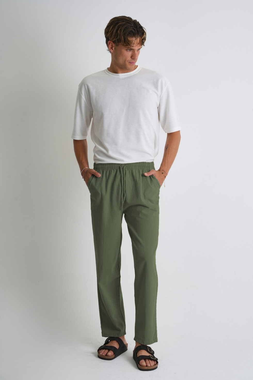 Erkek Yazlık Rahat Kalıp %100 Pamuk Keten Görünümlü Pantolon