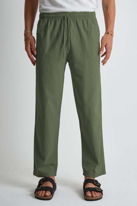Haki Erkek Yazlık Rahat Kalıp %100 Pamuk Keten Görünümlü Pantolon E205