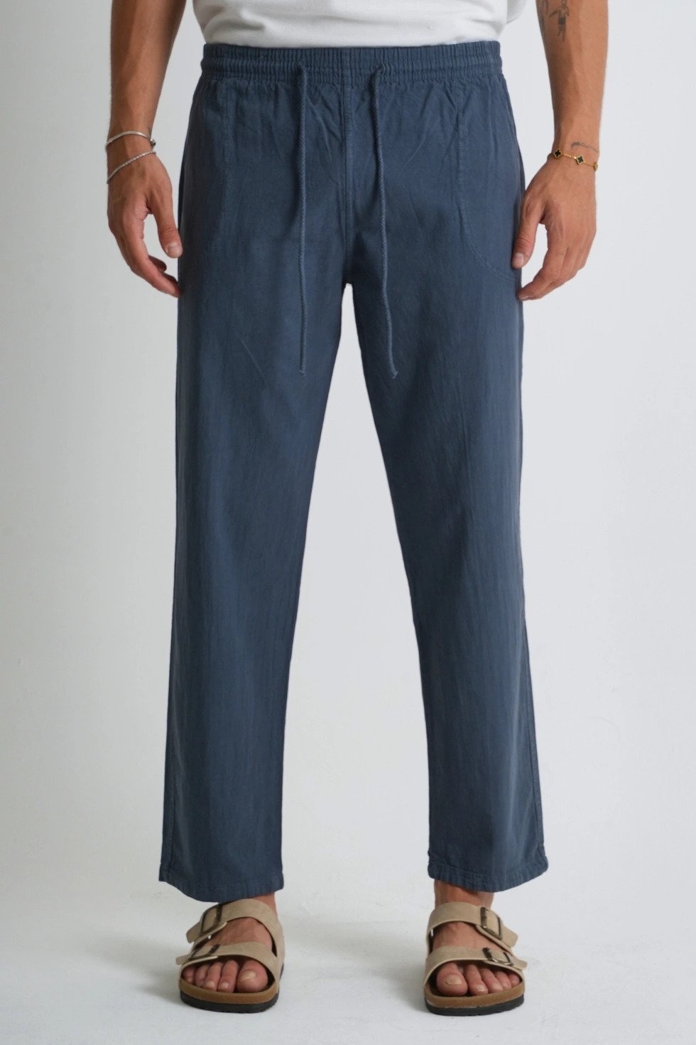 Erkek Yazlık Rahat Kalıp %100 Pamuk Keten Görünümlü Pantolon