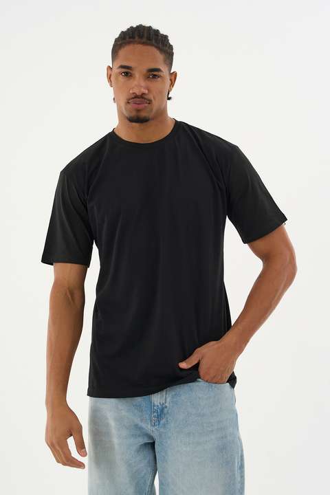 Siyah Erkek %100 Organik Pamuklu Yumuşak Dokulu Comfort Fit Bisiklet Yakalı T-shirt E222