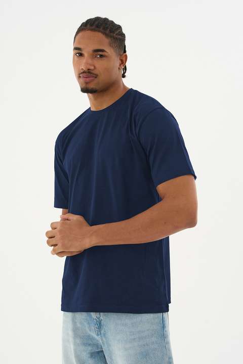 Lacivert Erkek %100 Organik Pamuklu Yumuşak Dokulu Comfort Fit Bisiklet Yakalı T-shirt E222