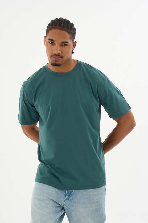 Koyu Yeşil Erkek %100 Organik Pamuklu Yumuşak Dokulu Comfort Fit Bisiklet Yakalı T-shirt E222