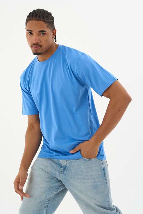 Koyu Mavi Erkek %100 Organik Pamuklu Yumuşak Dokulu Comfort Fit Bisiklet Yakalı T-shirt E222