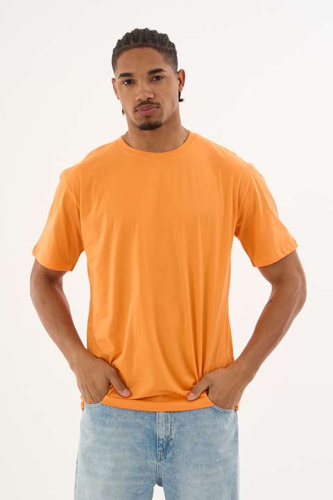 Turuncu Erkek %100 Organik Pamuklu Yumuşak Dokulu Comfort Fit Bisiklet Yakalı T-shirt E222