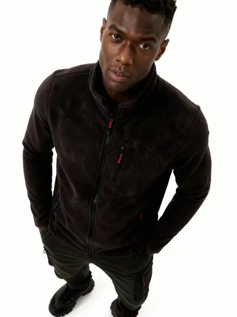 Kahve Rengi Erkek Extreme Rüzgar Geçirmez Cepli Outdoor Tam Fermuarlı Polar Ceket E223