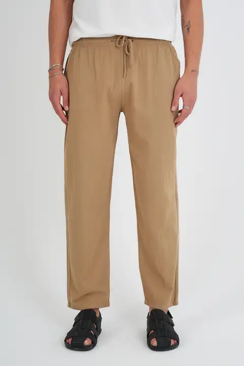 Toprak Erkek Yazlık Rahat Kalıp %100 Pamuk Keten Görünümlü Pantolon E205--M