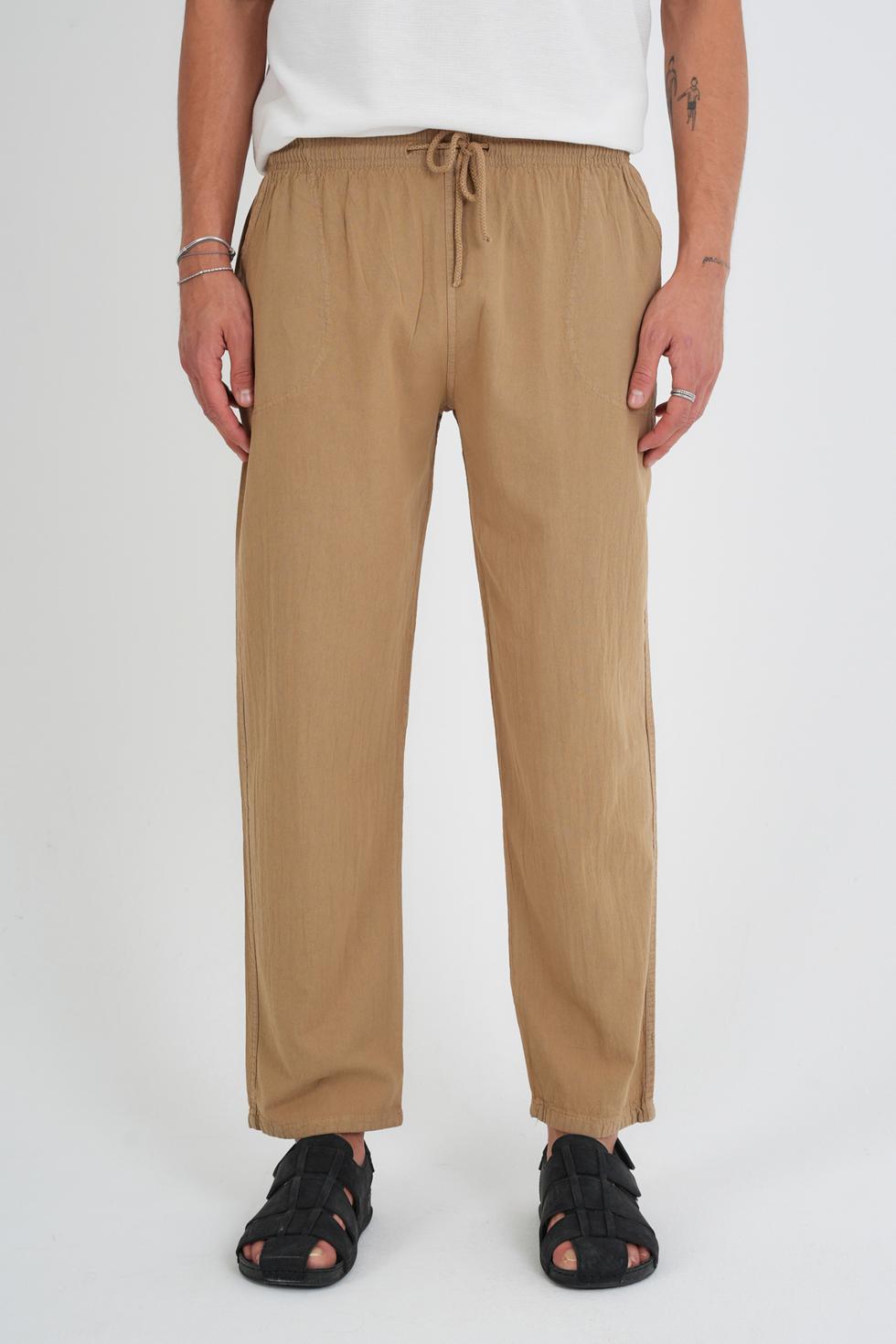 Erkek Yazlık Rahat Kalıp %100 Pamuk Keten Görünümlü Pantolon