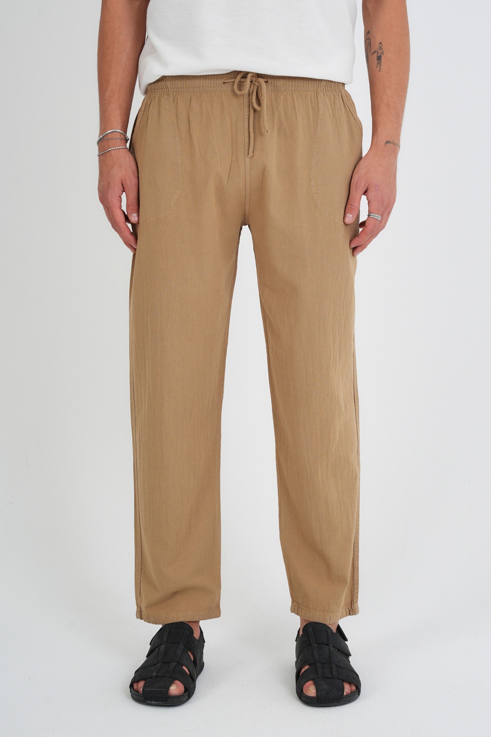 Erkek Yazlık Rahat Kalıp %100 Pamuk Keten Görünümlü Pantolon