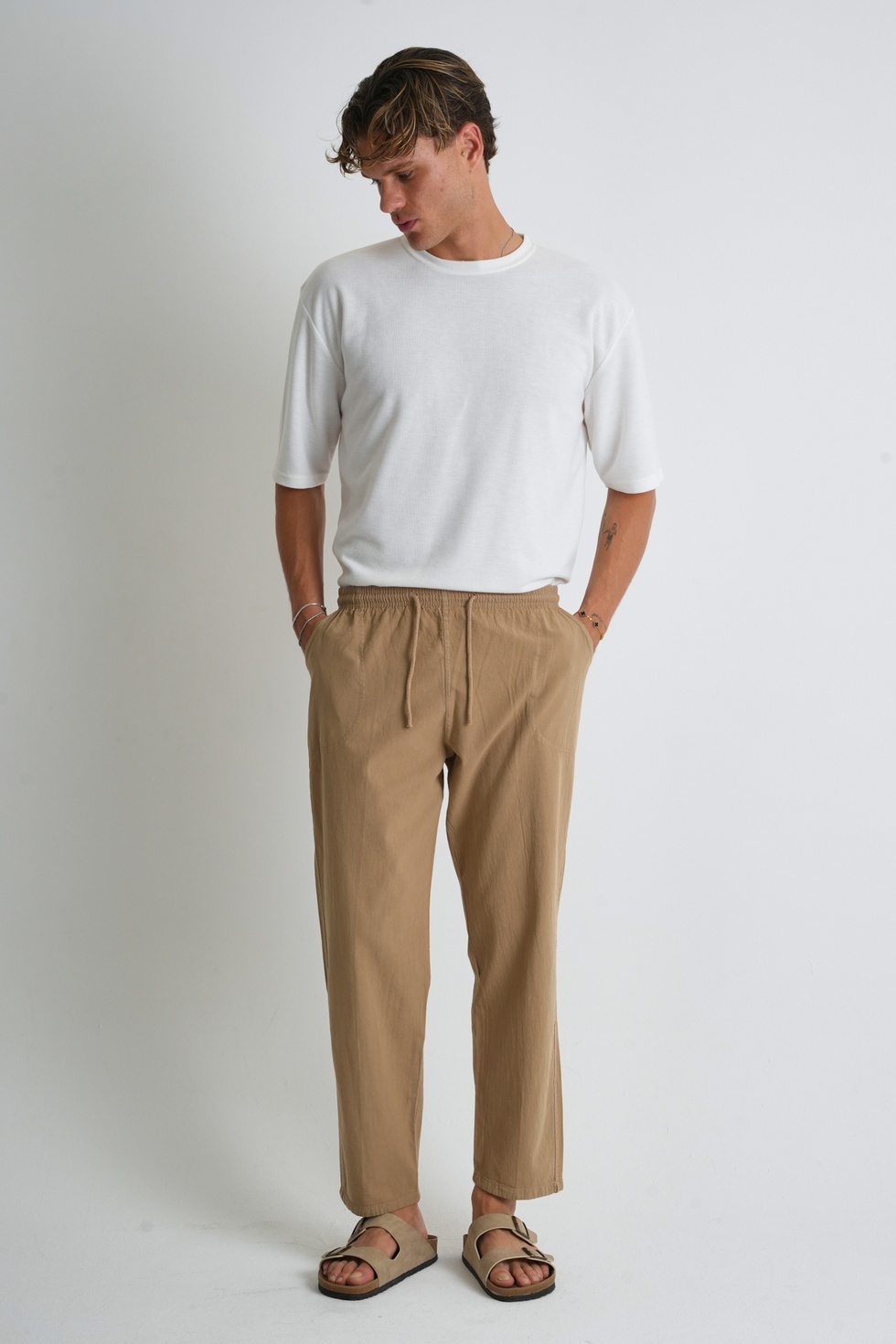 Erkek Yazlık Rahat Kalıp %100 Pamuk Keten Görünümlü Pantolon