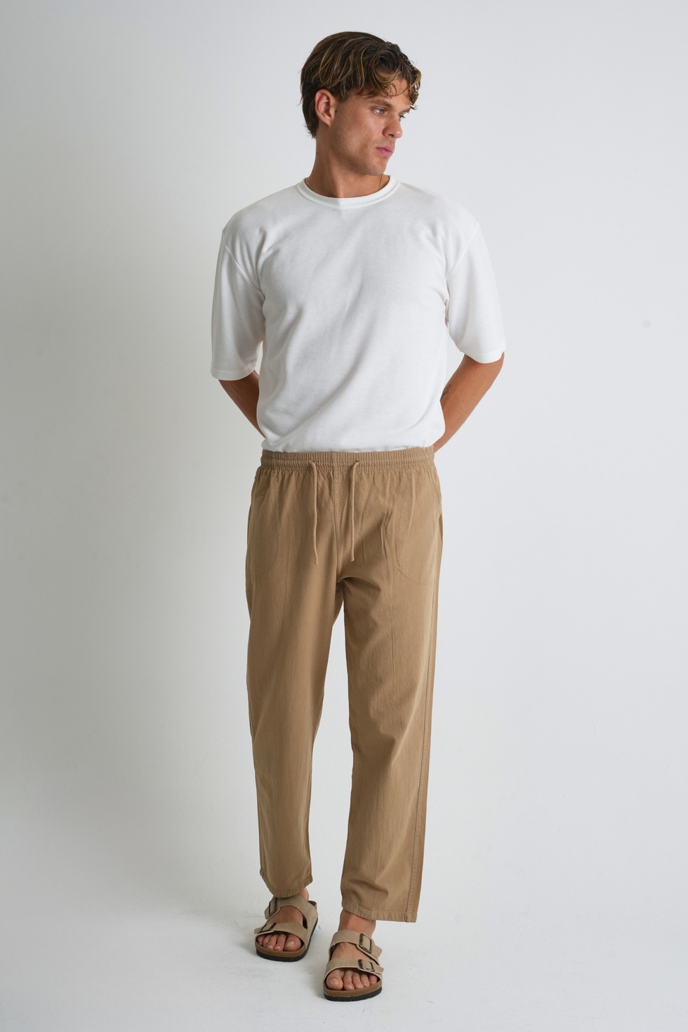 Erkek Yazlık Rahat Kalıp %100 Pamuk Keten Görünümlü Pantolon