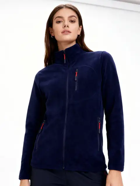 Lacivert Kadın Extreme Rüzgar Geçirmez Cepli Outdoor Tam Fermuarlı Polar Ceket W223