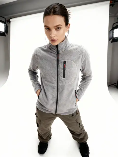 Açık Gri Kadın Extreme Rüzgar Geçirmez Cepli Outdoor Tam Fermuarlı Polar Ceket W223