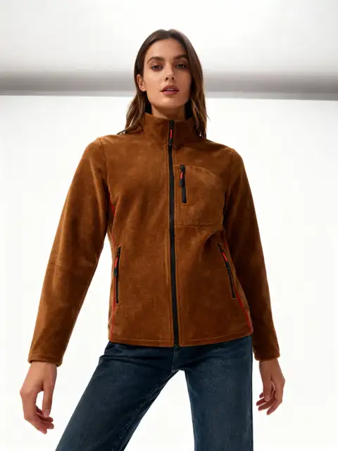 Karamel Kadın Extreme Rüzgar Geçirmez Cepli Outdoor Tam Fermuarlı Polar Ceket W223